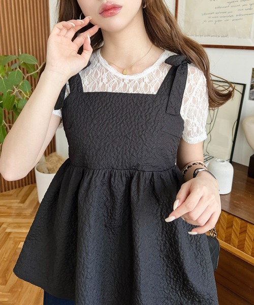 moment+(モーメントプラス)の「【累計販売枚数1万枚突破!】エンボスふくれフラワージャガード肩リボンペプラムビスチェ(ベスト・レディース・ブラック/アイボリー/ネイビー/ピンク/ブルー・M/L)」の20枚目の写真