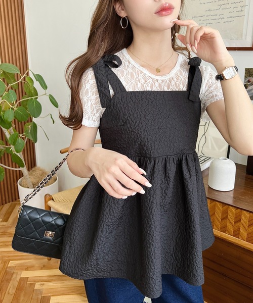 moment+(モーメントプラス)の「【累計販売枚数1万枚突破!】エンボスふくれフラワージャガード肩リボンペプラムビスチェ(ベスト・レディース・ブラック/アイボリー/ネイビー/ピンク/ブルー・M/L)」の21枚目の写真