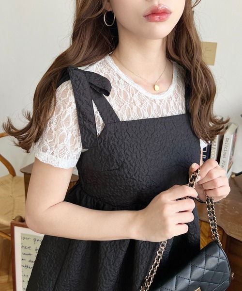 moment+(モーメントプラス)の「【累計販売枚数1万枚突破!】エンボスふくれフラワージャガード肩リボンペプラムビスチェ(ベスト・レディース・ブラック/アイボリー/ネイビー/ピンク/ブルー・M/L)」の22枚目の写真