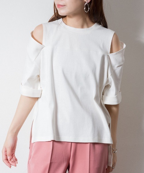 atONE（アットワン）の「atONE オープンショルダー半袖Tシャツ（Tシャツ/カットソー・レディース・ブラック系その他/杢グレー/カーキ/オフホワイト・4L～5L/LL～3L/M-L）」の5枚目の写真