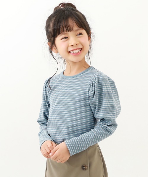 devirock（デビロック）の「細リブ パフスリーブ ボーダー長袖Tシャツ（Tシャツ/カットソー・キッズ・レッド系1/ダークグリーン/ブラック/ピンク系6/ブルー系6・160cm/130cm/120cm/150cm/140cm/100cm/110cm）」の3枚目の写真