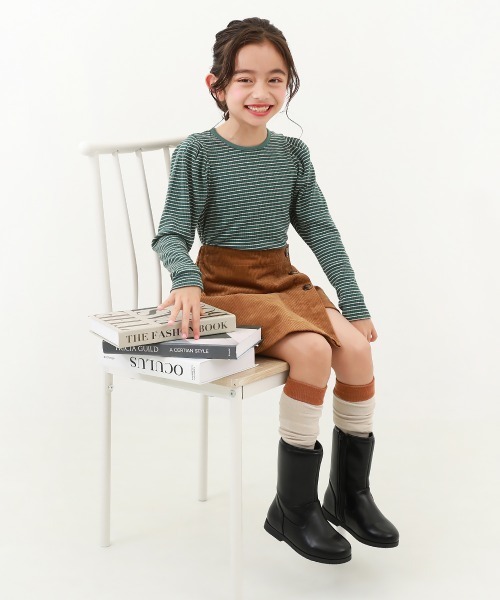 devirock（デビロック）の「細リブ パフスリーブ ボーダー長袖Tシャツ（Tシャツ/カットソー・キッズ・レッド系1/ダークグリーン/ブラック/ピンク系6/ブルー系6・160cm/130cm/120cm/150cm/140cm/100cm/110cm）」の6枚目の写真