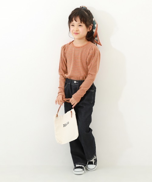 devirock（デビロック）の「細リブ パフスリーブ ボーダー長袖Tシャツ（Tシャツ/カットソー・キッズ・レッド系1/ダークグリーン/ブラック/ピンク系6/ブルー系6・160cm/130cm/120cm/150cm/140cm/100cm/110cm）」の7枚目の写真