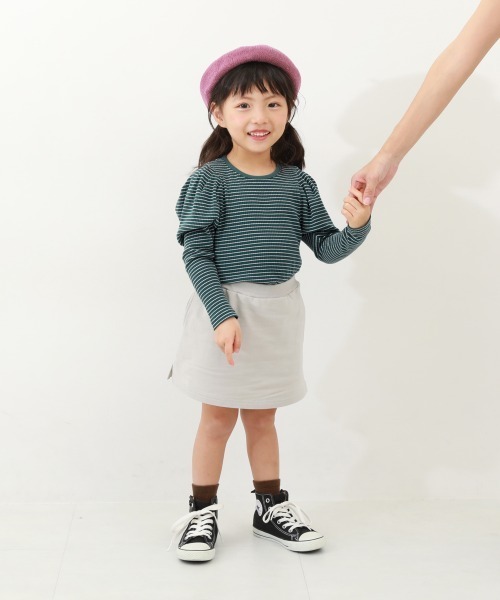 devirock（デビロック）の「細リブ パフスリーブ ボーダー長袖Tシャツ（Tシャツ/カットソー・キッズ・レッド系1/ダークグリーン/ブラック/ピンク系6/ブルー系6・160cm/130cm/120cm/150cm/140cm/100cm/110cm）」の9枚目の写真