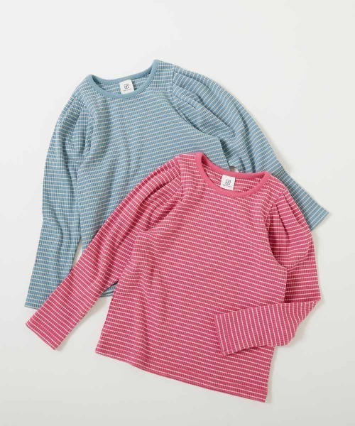 devirock（デビロック）の「細リブ パフスリーブ ボーダー長袖Tシャツ（Tシャツ/カットソー・キッズ・レッド系1/ダークグリーン/ブラック/ピンク系6/ブルー系6・160cm/130cm/120cm/150cm/140cm/100cm/110cm）」の15枚目の写真