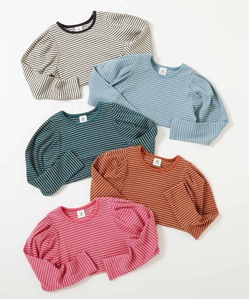 devirock（デビロック）の「細リブ パフスリーブ ボーダー長袖Tシャツ（Tシャツ/カットソー・キッズ・レッド系1/ダークグリーン/ブラック/ピンク系6/ブルー系6・160cm/130cm/120cm/150cm/140cm/100cm/110cm）」の19枚目の写真