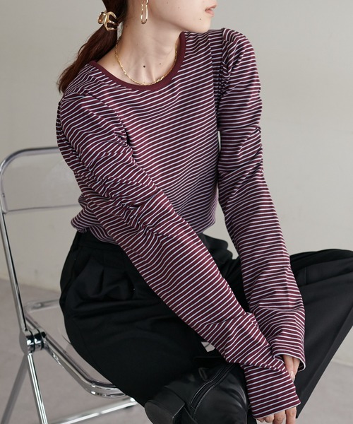 DISCOAT（ディスコート）の「ボーダーパワショルプルオーバー（Tシャツ/カットソー・レディース・ブラック/オフホワイト/バーガンディー・FREE）」の3枚目の写真