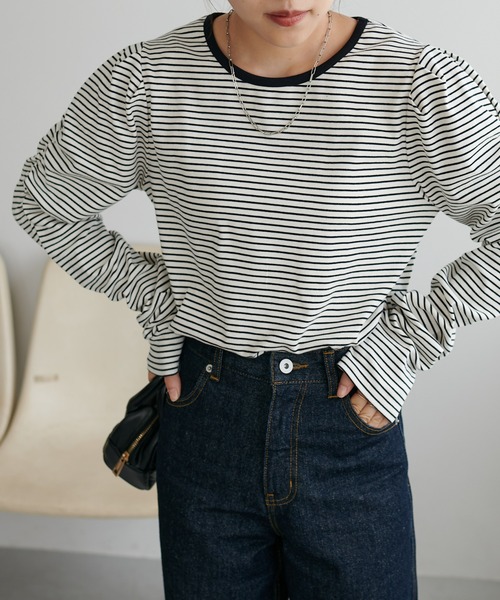 DISCOAT（ディスコート）の「ボーダーパワショルプルオーバー（Tシャツ/カットソー・レディース・ブラック/オフホワイト/バーガンディー・FREE）」の9枚目の写真