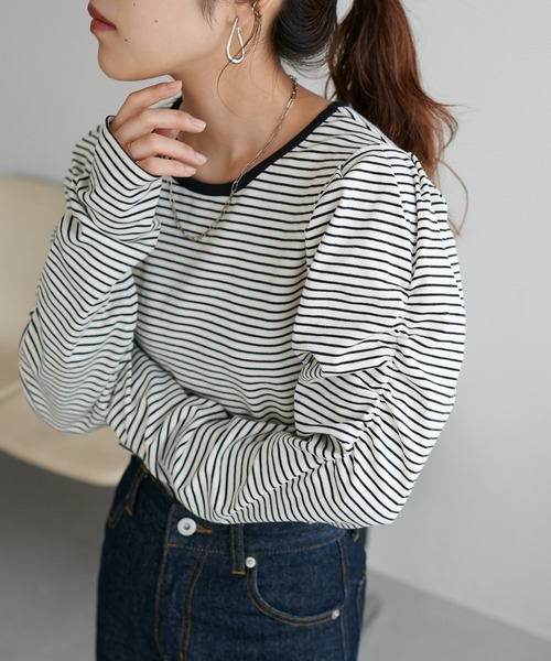 DISCOAT（ディスコート）の「ボーダーパワショルプルオーバー（Tシャツ/カットソー・レディース・ブラック/オフホワイト/バーガンディー・FREE）」の11枚目の写真