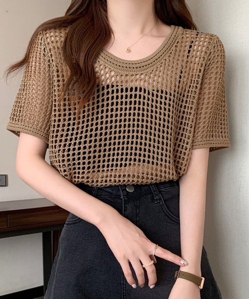 Girly Doll(ガーリードール)の「透かし編み半袖サマーニット(Tシャツ/カットソー・レディース・ブラック/ホワイト/ブラウン/ベージュ・FREE)」の3枚目の写真