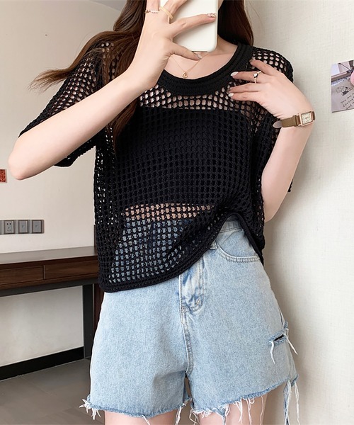 Girly Doll(ガーリードール)の「透かし編み半袖サマーニット(Tシャツ/カットソー・レディース・ブラック/ホワイト/ブラウン/ベージュ・FREE)」の5枚目の写真