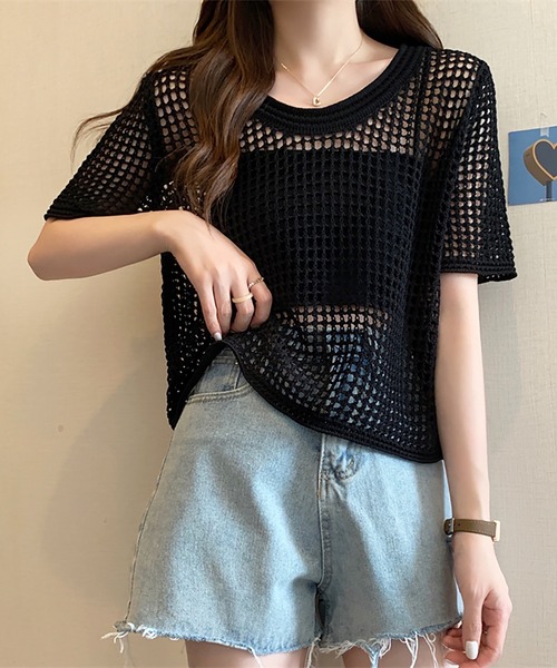 Girly Doll(ガーリードール)の「透かし編み半袖サマーニット(Tシャツ/カットソー・レディース・ブラック/ホワイト/ブラウン/ベージュ・FREE)」の6枚目の写真