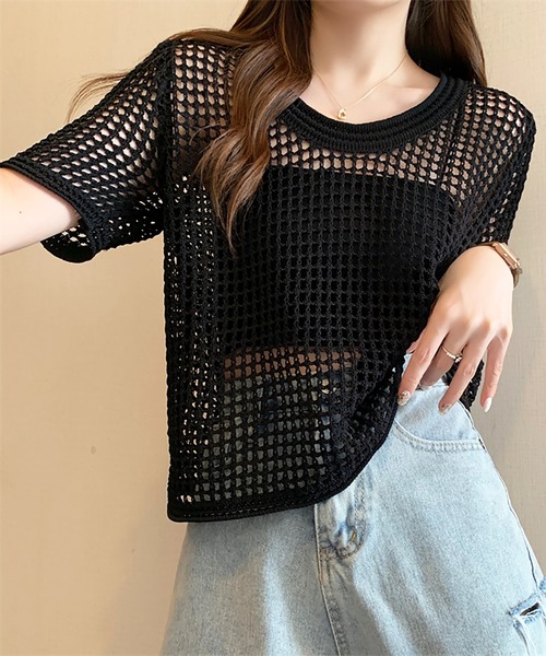 Girly Doll(ガーリードール)の「透かし編み半袖サマーニット(Tシャツ/カットソー・レディース・ブラック/ホワイト/ブラウン/ベージュ・FREE)」の7枚目の写真