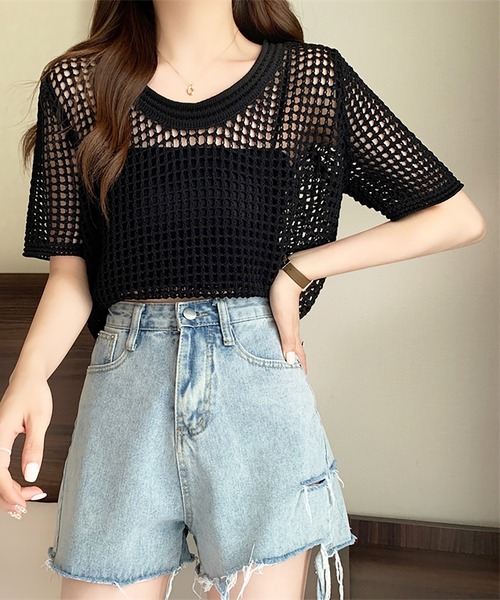 Girly Doll(ガーリードール)の「透かし編み半袖サマーニット(Tシャツ/カットソー・レディース・ブラック/ホワイト/ブラウン/ベージュ・FREE)」の8枚目の写真