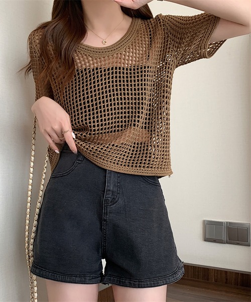Girly Doll(ガーリードール)の「透かし編み半袖サマーニット(Tシャツ/カットソー・レディース・ブラック/ホワイト/ブラウン/ベージュ・FREE)」の10枚目の写真