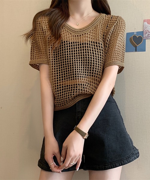 Girly Doll(ガーリードール)の「透かし編み半袖サマーニット(Tシャツ/カットソー・レディース・ブラック/ホワイト/ブラウン/ベージュ・FREE)」の11枚目の写真