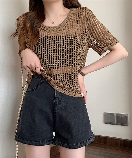 Girly Doll(ガーリードール)の「透かし編み半袖サマーニット(Tシャツ/カットソー・レディース・ブラック/ホワイト/ブラウン/ベージュ・FREE)」の12枚目の写真