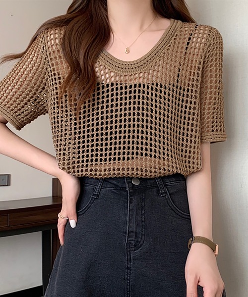 Girly Doll(ガーリードール)の「透かし編み半袖サマーニット(Tシャツ/カットソー・レディース・ブラック/ホワイト/ブラウン/ベージュ・FREE)」の13枚目の写真