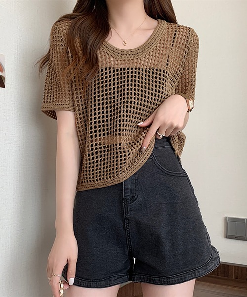 Girly Doll(ガーリードール)の「透かし編み半袖サマーニット(Tシャツ/カットソー・レディース・ブラック/ホワイト/ブラウン/ベージュ・FREE)」の14枚目の写真