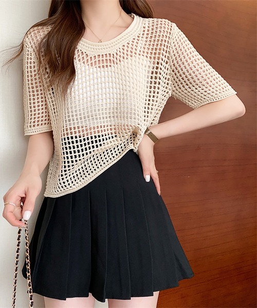 Girly Doll(ガーリードール)の「透かし編み半袖サマーニット(Tシャツ/カットソー・レディース・ブラック/ホワイト/ブラウン/ベージュ・FREE)」の18枚目の写真