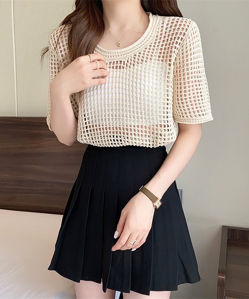 Girly Doll(ガーリードール)の「透かし編み半袖サマーニット(Tシャツ/カットソー・レディース・ブラック/ホワイト/ブラウン/ベージュ・FREE)」の19枚目の写真