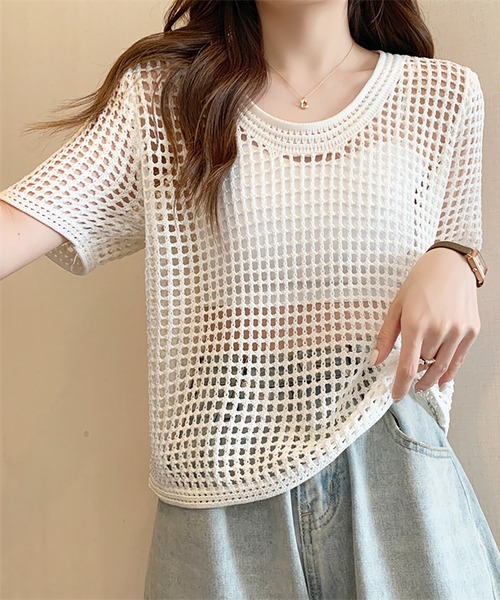 Girly Doll(ガーリードール)の「透かし編み半袖サマーニット(Tシャツ/カットソー・レディース・ブラック/ホワイト/ブラウン/ベージュ・FREE)」の20枚目の写真