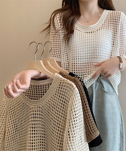 Girly Doll(ガーリードール)の「透かし編み半袖サマーニット(Tシャツ/カットソー・レディース・ブラック/ホワイト/ブラウン/ベージュ・FREE)」の21枚目の写真
