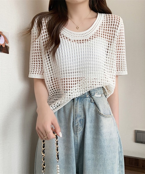 Girly Doll(ガーリードール)の「透かし編み半袖サマーニット(Tシャツ/カットソー・レディース・ブラック/ホワイト/ブラウン/ベージュ・FREE)」の22枚目の写真