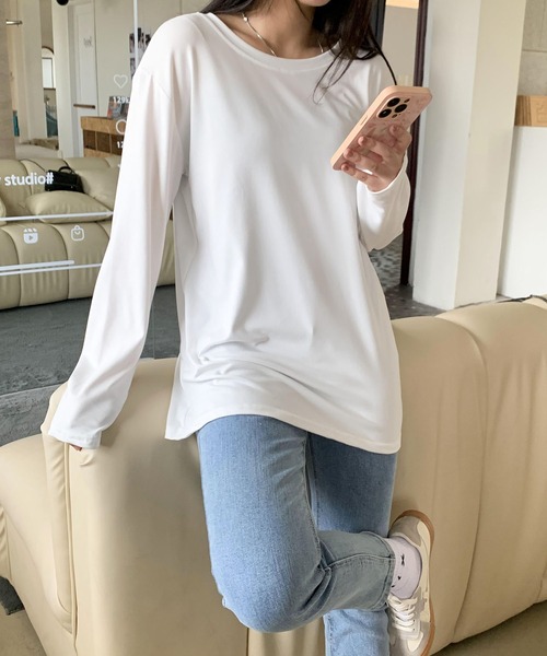 EPICKS（エピックス）の「カラフルベーシックロングTシャツ（Tシャツ/カットソー・レディース・ワイン/ブラック/ブルー/オレンジ/ホワイト/オレンジ系その他/ライトパープル/ブラウン/グリーン/ライム/イエロー/グレー/パープル・L/XL/M）」の22枚目の写真