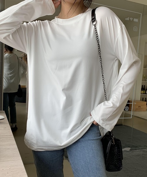 EPICKS（エピックス）の「カラフルベーシックロングTシャツ（Tシャツ/カットソー・レディース・ワイン/ブラック/ブルー/オレンジ/ホワイト/オレンジ系その他/ライトパープル/ブラウン/グリーン/ライム/イエロー/グレー/パープル・L/XL/M）」の21枚目の写真