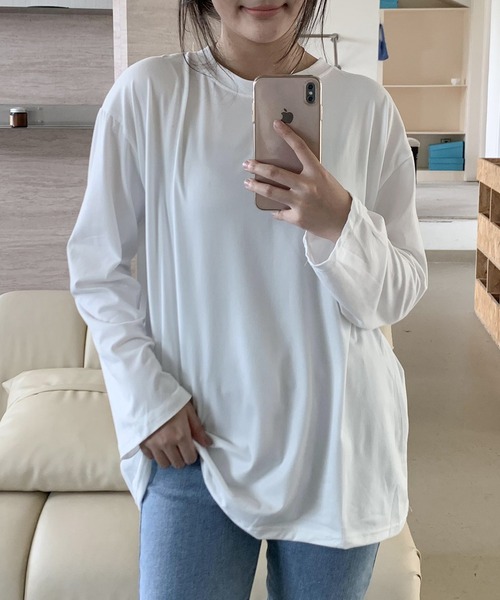 EPICKS（エピックス）の「カラフルベーシックロングTシャツ（Tシャツ/カットソー・レディース・ワイン/ブラック/ブルー/オレンジ/ホワイト/オレンジ系その他/ライトパープル/ブラウン/グリーン/ライム/イエロー/グレー/パープル・L/XL/M）」の19枚目の写真