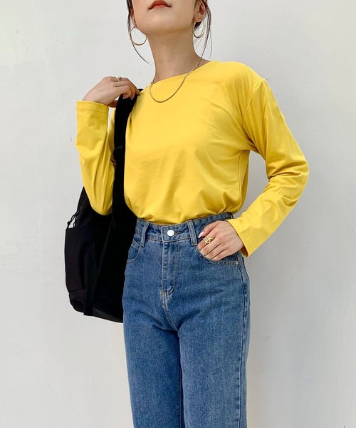 EPICKS（エピックス）の「カラフルベーシックロングTシャツ（Tシャツ/カットソー・レディース・ワイン/ブラック/ブルー/オレンジ/ホワイト/オレンジ系その他/ライトパープル/ブラウン/グリーン/ライム/イエロー/グレー/パープル・L/XL/M）」の15枚目の写真