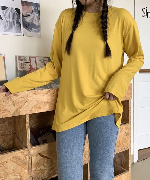 EPICKS（エピックス）の「カラフルベーシックロングTシャツ（Tシャツ/カットソー・レディース・ワイン/ブラック/ブルー/オレンジ/ホワイト/オレンジ系その他/ライトパープル/ブラウン/グリーン/ライム/イエロー/グレー/パープル・L/XL/M）」の14枚目の写真