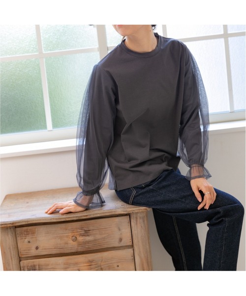 PREFERIR(プレフェリール)の「シアースリーブ カットソー トップス(Tシャツ/カットソー・レディース・ブラック/チャコールグレー・MEDIUM/LARGE)」の1枚目の写真