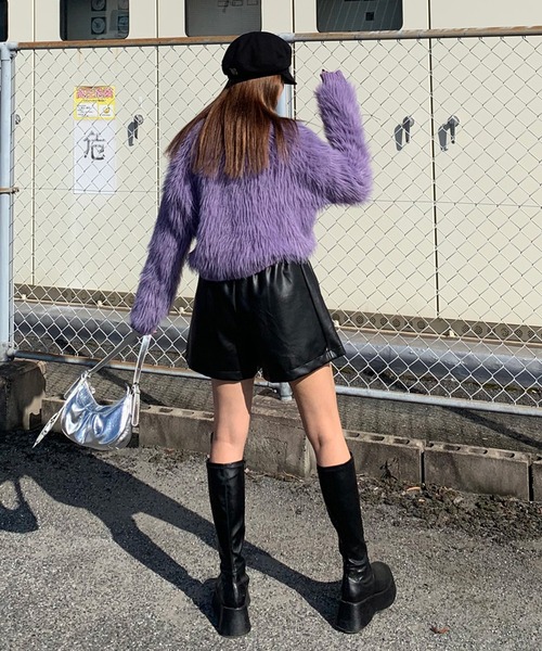 non-hedge（ノンヘッジ）の「キーネックシャギーニットトップス（ニット/セーター・レディース・オフホワイト/ベージュ/パープル/チャコールグレー/ブラック/ボルドー/クリーム/ピンク・FREE）」の12枚目の写真