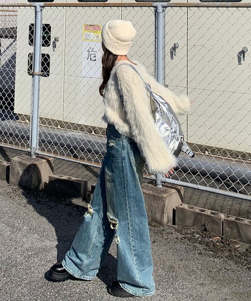 non-hedge（ノンヘッジ）の「キーネックシャギーニットトップス（ニット/セーター・レディース・オフホワイト/ベージュ/パープル/チャコールグレー/ブラック/ボルドー/クリーム/ピンク・FREE）」の14枚目の写真