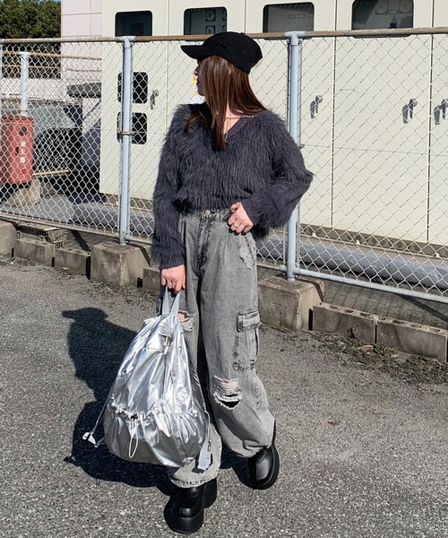 non-hedge（ノンヘッジ）の「キーネックシャギーニットトップス（ニット/セーター・レディース・オフホワイト/ベージュ/パープル/チャコールグレー/ブラック/ボルドー/クリーム/ピンク・FREE）」の16枚目の写真