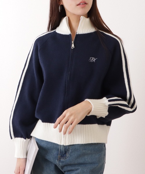 Lace Ladies(レースレディース)の「ライン入り ジップアップ コンパクト ニット カーディガン(カーディガン/ボレロ・レディース・ネイビー/ベージュ/グレー・FREE)」の3枚目の写真
