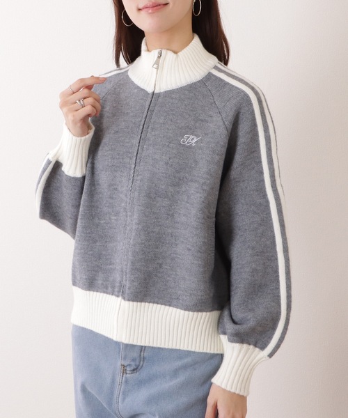 Lace Ladies(レースレディース)の「ライン入り ジップアップ コンパクト ニット カーディガン(カーディガン/ボレロ・レディース・ネイビー/ベージュ/グレー・FREE)」の1枚目の写真