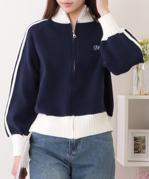 Lace Ladies(レースレディース)の「ライン入り ジップアップ コンパクト ニット カーディガン(カーディガン/ボレロ・レディース・ネイビー/ベージュ/グレー・FREE)」の4枚目の写真