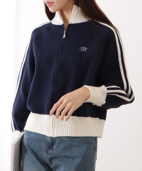 Lace Ladies(レースレディース)の「ライン入り ジップアップ コンパクト ニット カーディガン(カーディガン/ボレロ・レディース・ネイビー/ベージュ/グレー・FREE)」の5枚目の写真