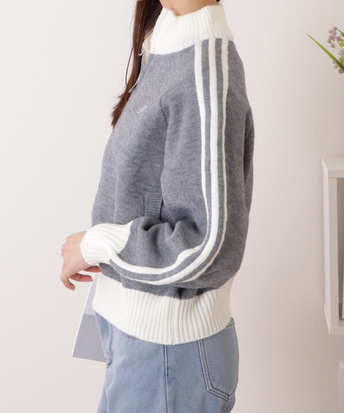 Lace Ladies(レースレディース)の「ライン入り ジップアップ コンパクト ニット カーディガン(カーディガン/ボレロ・レディース・ネイビー/ベージュ/グレー・FREE)」の14枚目の写真