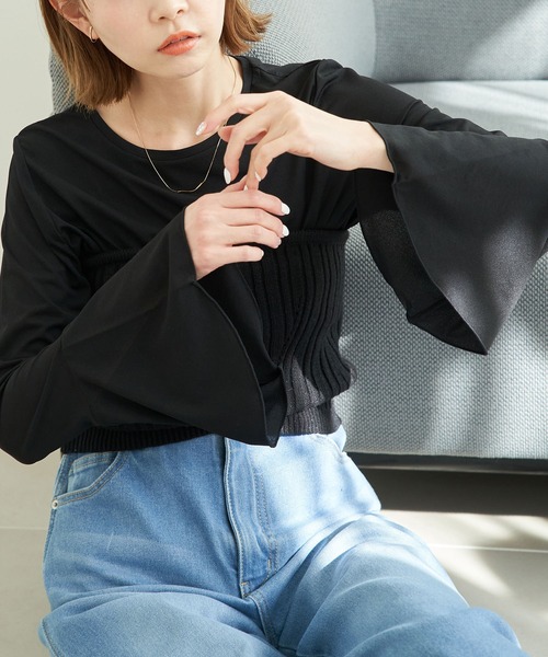 ROPE' PICNIC（ロペピクニック）の「袖フレアシアートップス（Tシャツ/カットソー・レディース・キナリ/ブラック・38）」の6枚目の写真