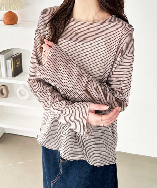 セール】シアーボーダーカットソートップス（Tシャツ/カットソー