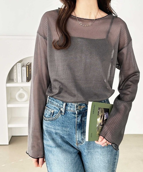 GeeRA（ジーラ）の「シアーボーダーカットソートップス（Tシャツ/カットソー・レディース・オフホワイト/ベージュ/チャコール・MEDIUM/LARGE）」の9枚目の写真