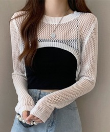 メッシュ編み ニットトップス ショート丈