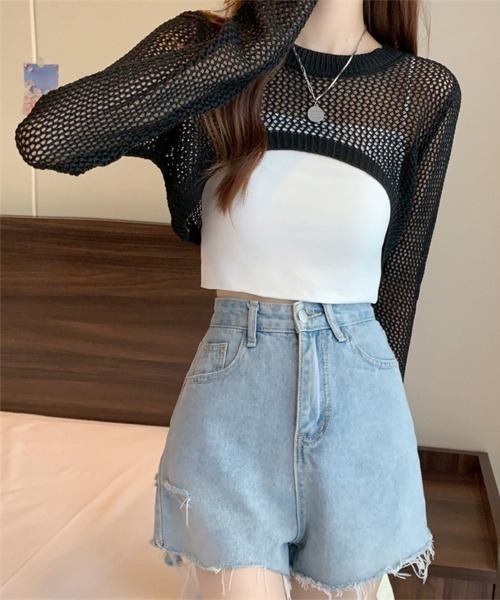 Miniministore(ミニミニストア)の「メッシュ編み ニットトップス ショート丈(ニット/セーター・レディース・ベージュ/モカ/ブラック/ホワイト・FREE)」の2枚目の写真