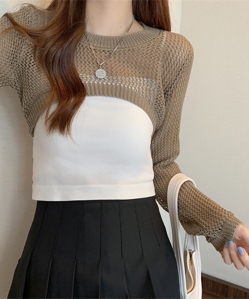 Miniministore(ミニミニストア)の「メッシュ編み ニットトップス ショート丈(ニット/セーター・レディース・ベージュ/モカ/ブラック/ホワイト・FREE)」の3枚目の写真