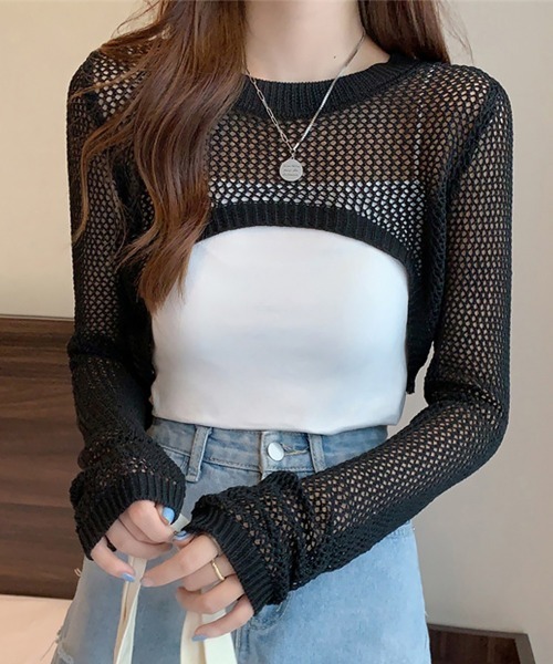 Miniministore(ミニミニストア)の「メッシュ編み ニットトップス ショート丈(ニット/セーター・レディース・ベージュ/モカ/ブラック/ホワイト・FREE)」の6枚目の写真