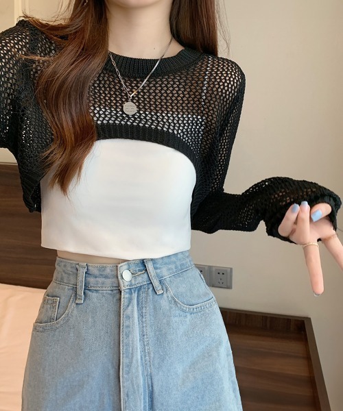 Miniministore(ミニミニストア)の「メッシュ編み ニットトップス ショート丈(ニット/セーター・レディース・ベージュ/モカ/ブラック/ホワイト・FREE)」の7枚目の写真